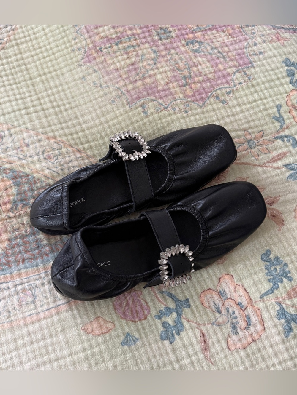 Free People Black Leather Rhinestone Buckle Square Toe Mary Jane Flats 7.5